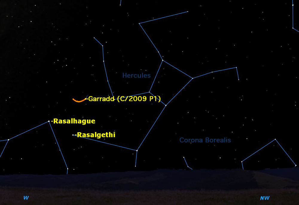 Comet Garradd continues to be a nice object in binoculars or a small telescope, an 8th magnitude comet slowly crossing Hercules.