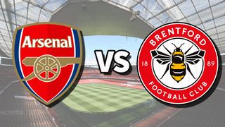 The Arsenal and Brentford club badges on top of a photo of Emirates Stadium in London, England