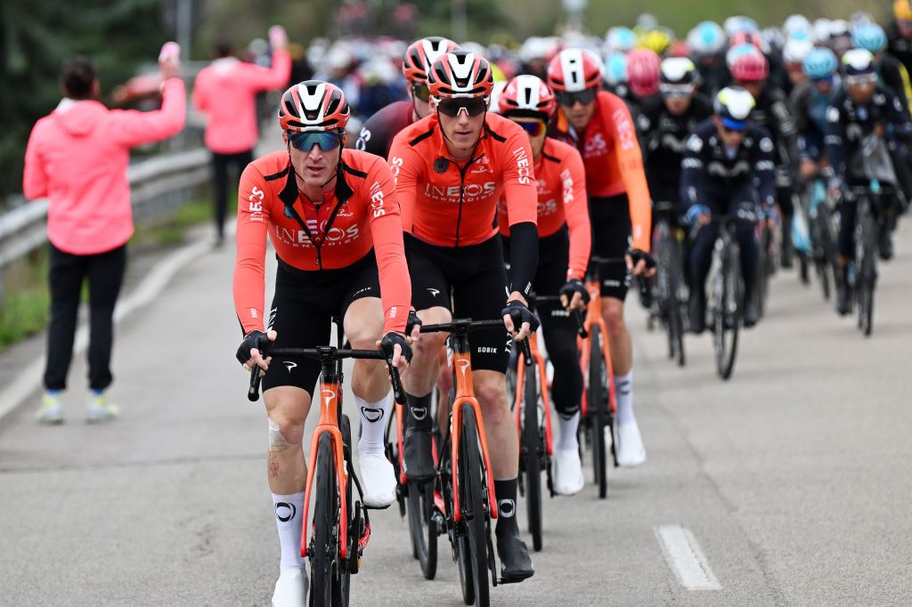 COLFIORITO ITALY MARCH 12 LR Salvatore Puccio of Italy and Connor Swift of The United Kingdom and Team INEOS Grenadiers lead the peloton during to the 60th TirrenoAdriatico 2025 Stage 3 a 239km stage from Follonica to Colfiorito UCIWT on March 12 2025 in Colfiorito Italy Photo by Tim de WaeleGetty Images