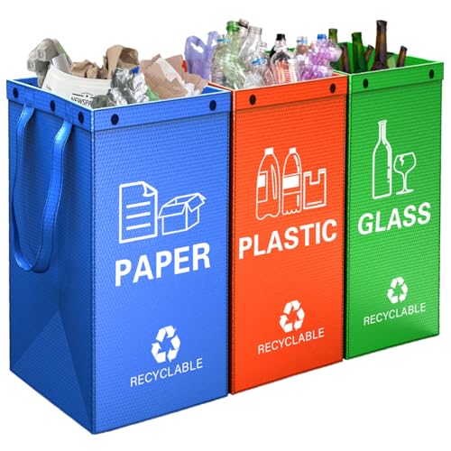 Kaohong 3 Packs Reusable Recycling Bags With Handle Separate Sorting Organizer Waterproof Woven Waste Bins Bag for Kitchen Home Office