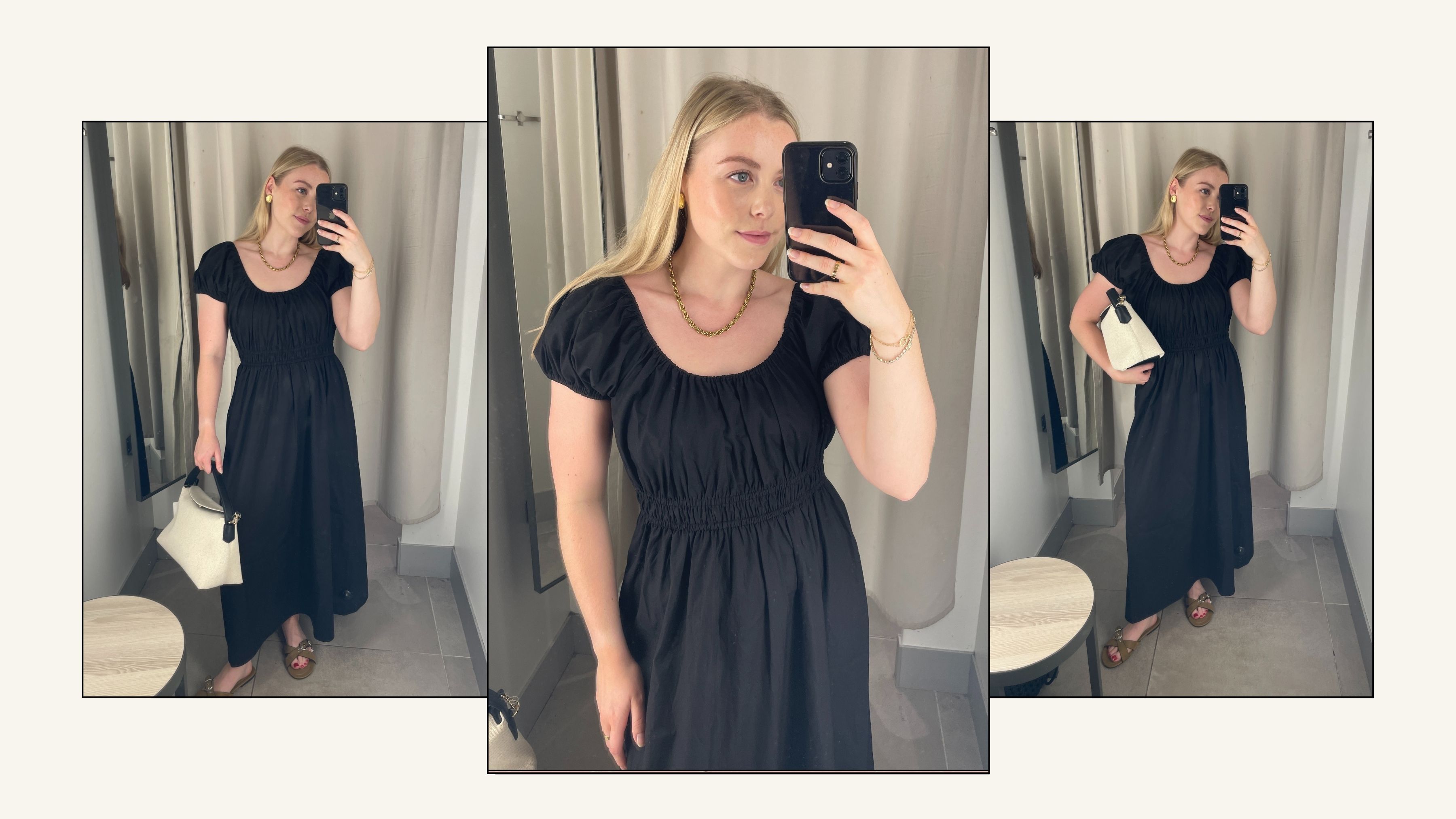 Woman wears black dress, carries canvas bag and pairs with suede sandals