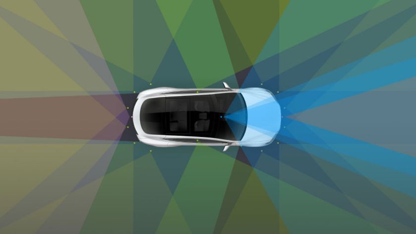 Birds-eye view of a Tesla Model S showing all the sensor angles and views