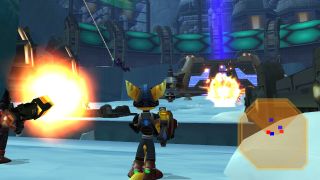 Rachet firing guns at robots in the PS2 game Ratchet & Clank: Up Your Arsenal.