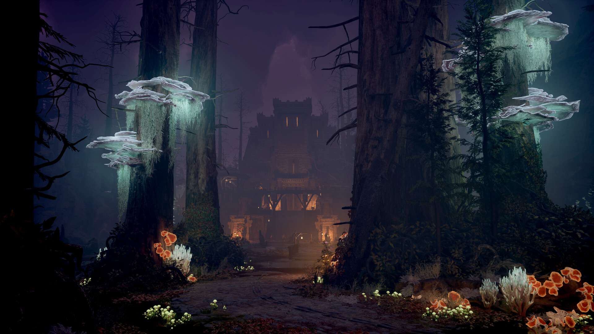 Avowed screenshot showing a fortress-like structure behind thick fog, tall trees, and bioluminescent flora / mycelium