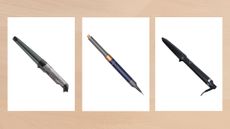 Collage of three of the best curling wands for thick hair featured in this guide from Remington, Dyson and ghd, set against a warm beige watercolour-style background