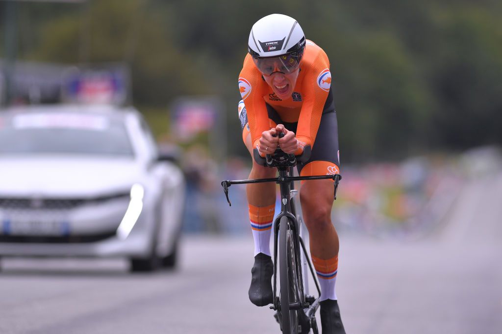 PLOUAY FRANCE AUGUST 24 Arrival Ellen Van Dijk of Netherlands during the 26th UEC Road European Championships 2020 Womens Elite Individual Time Trial a 256km race from Plouay to Plouay ITT UECcycling EuroRoad20 on August 24 2020 in Plouay France Photo by Luc ClaessenGetty Images