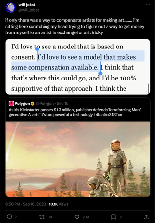 The post reads: if only there was a way to compensate artists for making art…….. i’m sitting here scratching my head trying to figure out a way to get money from myself to an artist in exchange for art. tricky