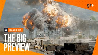 A huge explosion hitting a skyscraper in the single-player campaign for Battlefield 6