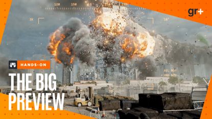 A huge explosion hitting a skyscraper in the single-player campaign for Battlefield 6