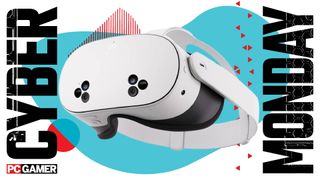 A Meta Quest 3S headset on a Cyber Monday background