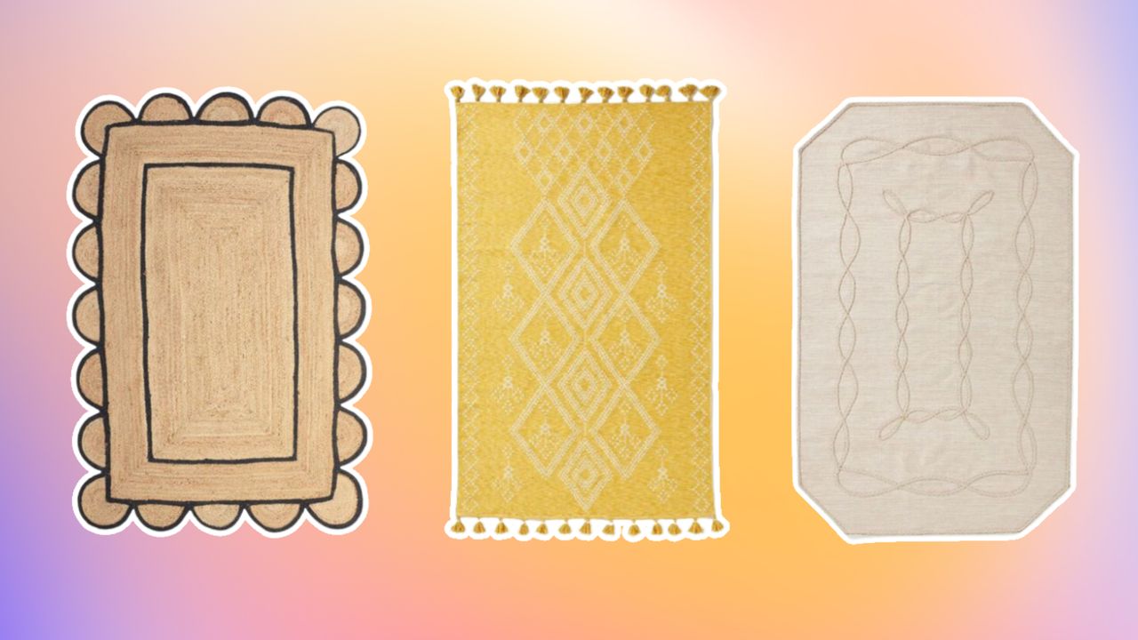 Three outdoor rugs on pastel pink and orange background