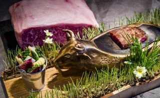 A photo of a large piece of raw meat next to a meal. The meal is on a board with a cooked steak on a traditional Asian brass animal. A salad dish is next to the brass animal.