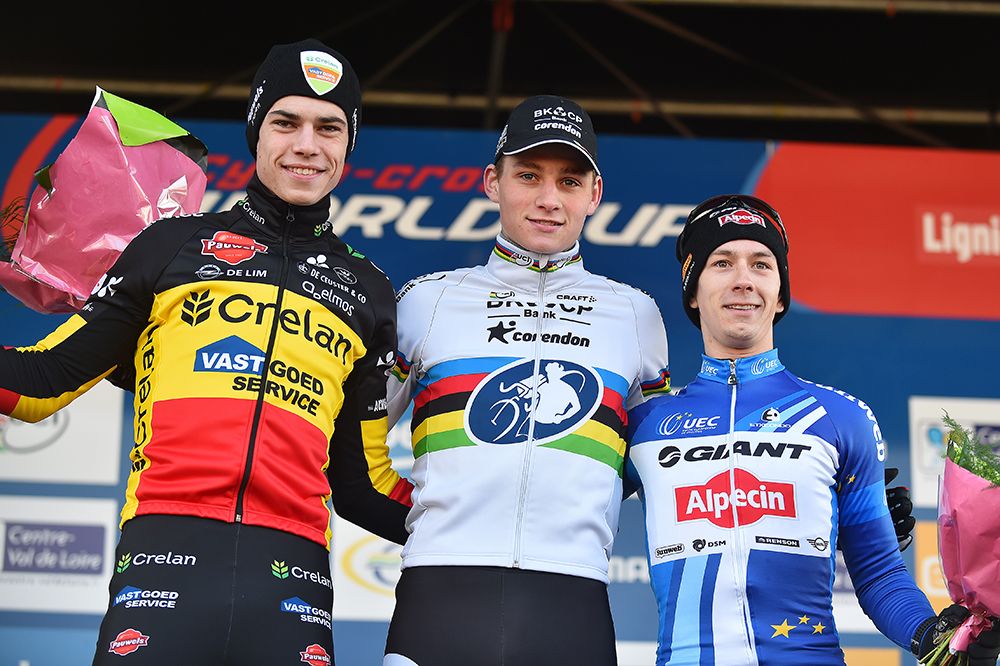 The podium: Wout Van Aert, Mathieu van der Poel and Lars van der Haar.