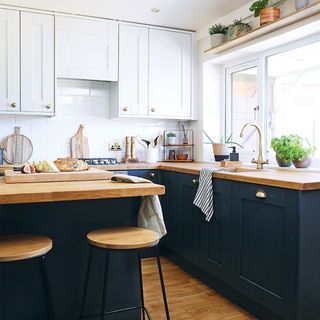 kitchen with black and white cabinets
