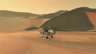 a small uncrewed helicopter flies above a sandy planet's surface
