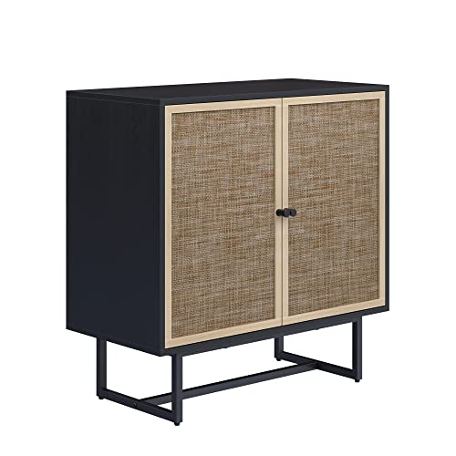 Nathan James Kova Rattan Wood Accent Sideboard Storage Cabinet With Matte Metal Frame, Adjustable Interior Shelves and Cane Doors, for Hallway, Entryway or Living Room, Black Oak/cane