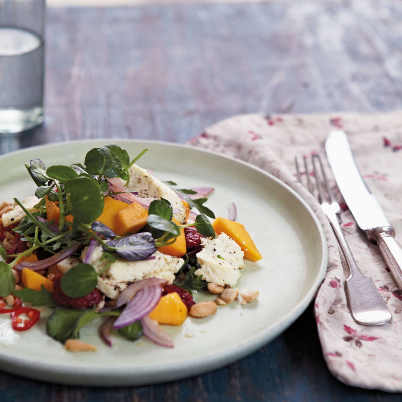 Paneer salad with chilli and ginger on a plate