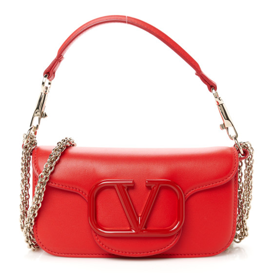 Valentino Garavani Calfskin Enamel Vlogo Small Loco Shoulder Bag Rouge Pur