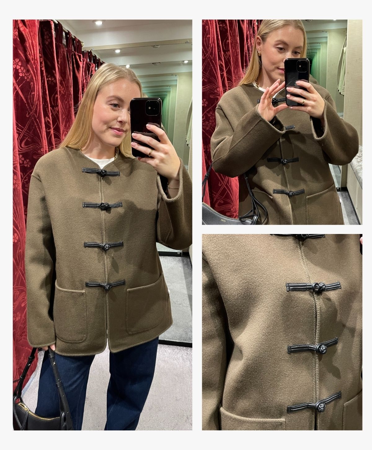 Woman wears khaki jacket with leather fastenings and blue jeans