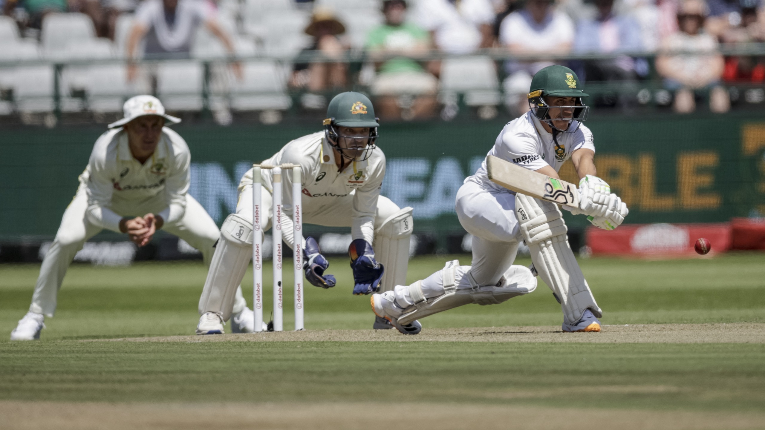 South Africa's Marques Ackerman plays a shot on day one of the third Test match between South Africa and Australia at Newlands stadium