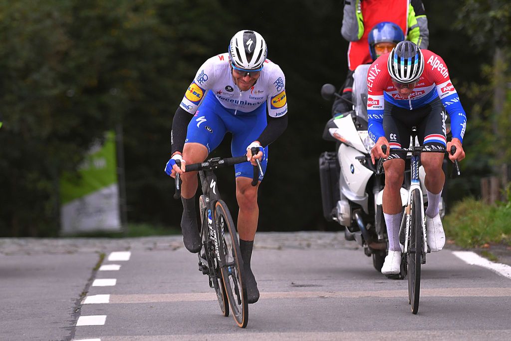 GERAARDSBERGEN BELGIUM OCTOBER 03 Florian Senechal of France and Team Deceuninck QuickStep Mathieu Van Der Poel of The Netherlands and Team AlpecinFenix Breakaway during the 16th BinckBank Tour 2020 Stage 5 a 1836km stage from Ottignies Louvain la Neuve to Muur van Geraardsbergen 108m BinckBankTour BinckBankTour on October 03 2020 in Geraardsbergen Belgium Photo by Luc ClaessenGetty Images