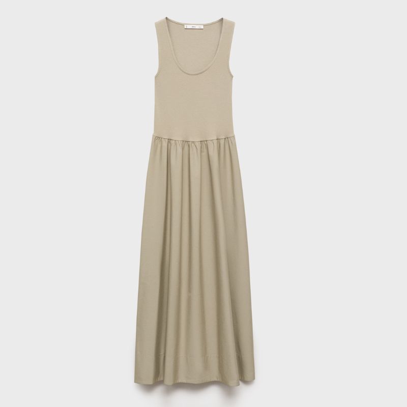 beige summer dress, sleeveless and full skirted