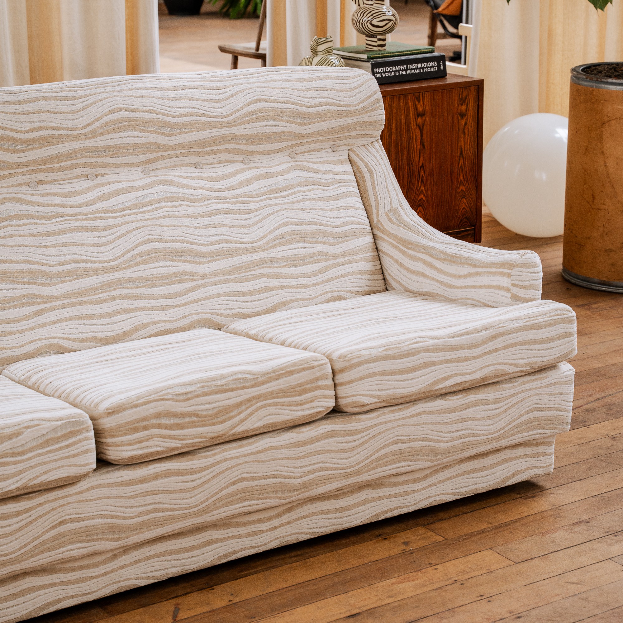 Mid Century Parker Knoll Three Seat Sofa reupholstered with a fabric from the Harlequin x Henry Holland range