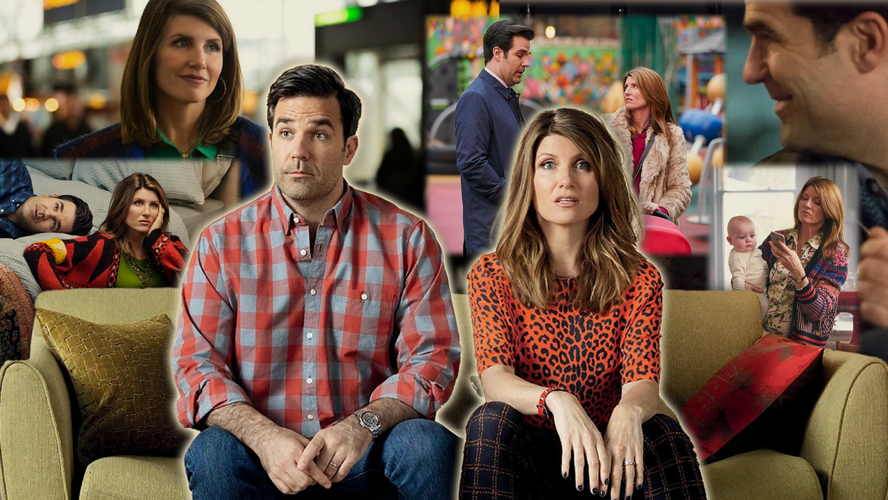 A collage of characters Rob Norris (Rob Delaney) and Sharon Morris (Sharon Horgan) from the TV show &#039;Catastrophe.&#039;