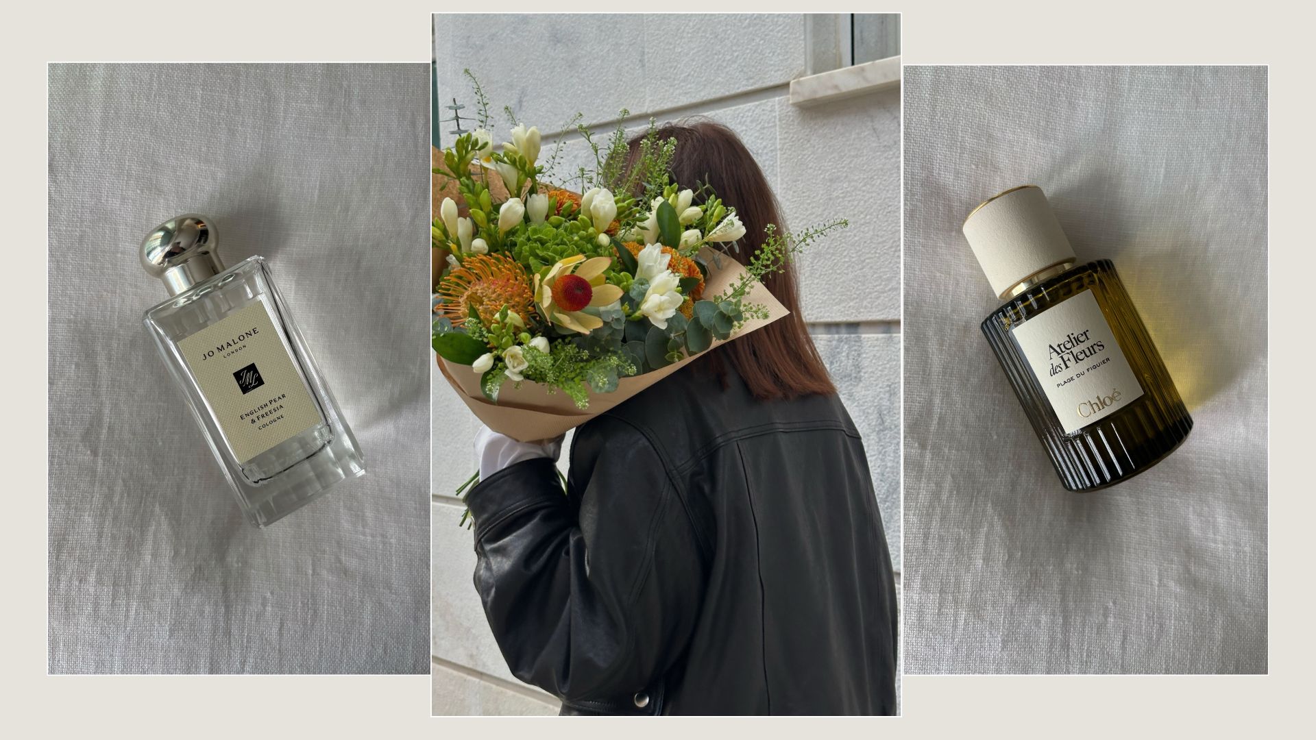 A woman carrying a colourful bouquet of flowers and a picture of two of the best spring perfumes
