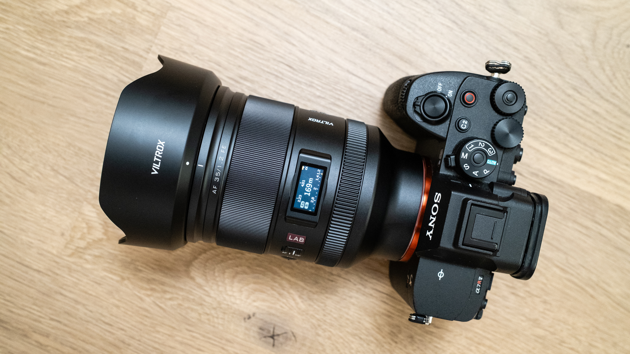 Viltrox AF 35mm f/1.2 LAB FE top view showing the digital screen