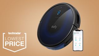 Eufy BoostIQ RoboVac 15C Max on a beige background with a smartphone next to it