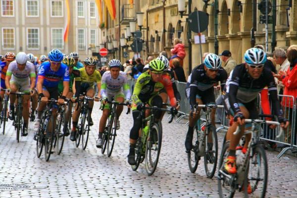 The peloton passes the historic city center