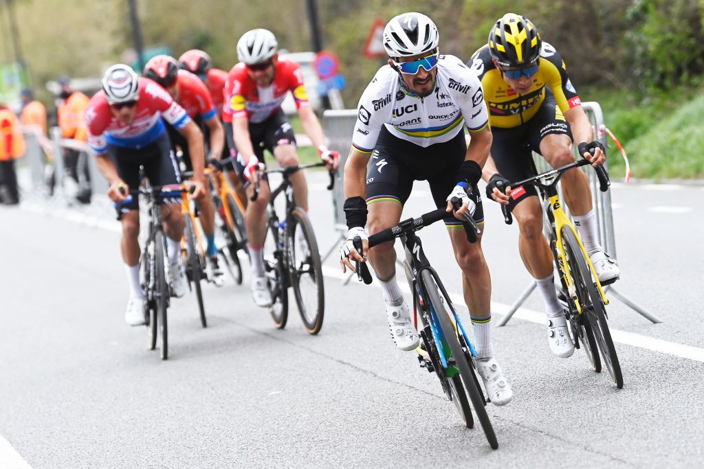 OUDENAARDE, BELGIUM - APRIL 04: Julian Alaphilippe of France and Team Deceuninck - Quick-Step &amp; Wout Van Aert of Belgium and Team Jumbo - Visma during the 105th Ronde van Vlaanderen - Tour of Flanders 2021, Men&#039;s Elite a 251,5km race from Antwerp to Oudenaarde / Attack / Breakaway / #RVV21 / #rondevanvlaanderen / #tourofflanders / on April 04, 2021 in Oudenaarde, Belgium. (Photo by Nico Vereecken - Pool/Getty Images)