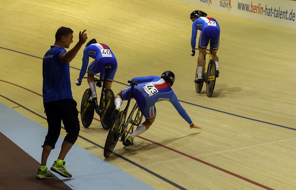 Italy's men's team sprint riders crash