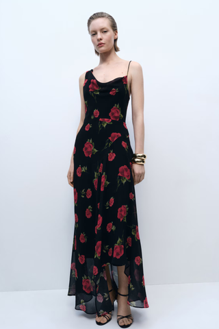 Asos Design Chiffon Scoop Neck Midi Slip Dress in Black Floral Print