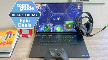 Razer gaming laptop with Black Friday deal tag superimposed