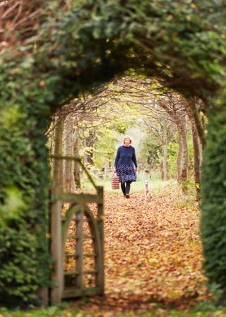 Vanessa Arbuthnott walking dog in lime avenue through yew arch