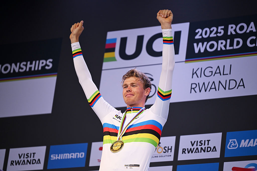 KIGALI, RWANDA - SEPTEMBER 22: Gold medalist, Jakob Soderovist of Sweden poses on the podium during the 98th UCI Cycling World Championships Kigali 2025 - Men Under 23 Individual Time Trial a 31.2km race from Kigali to Kigali on September 22, 2025 in Kigali, Rwanda. (Photo by Dario Belingheri/Getty Images)