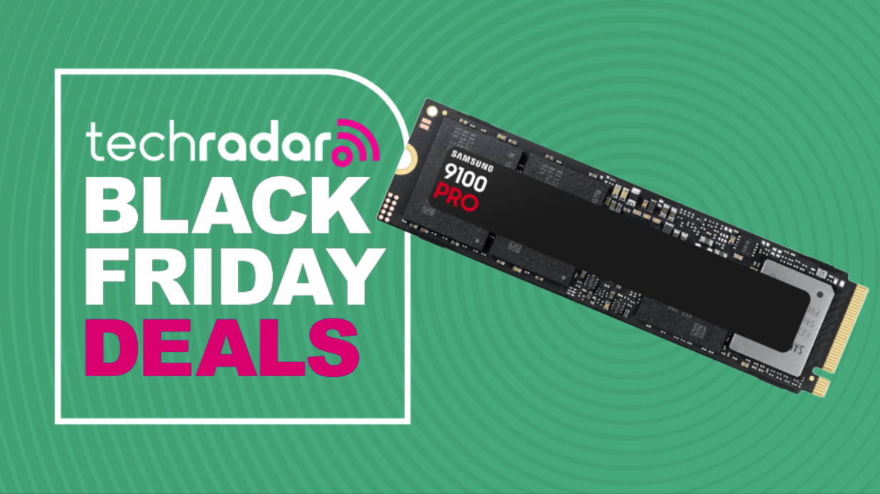 A Samsung 9100 Pro SSD on a green background next to a TechRadar badge reading 'Black Friday deals'