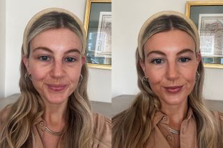 Katie before and after applying The Super Tinted Hydrator