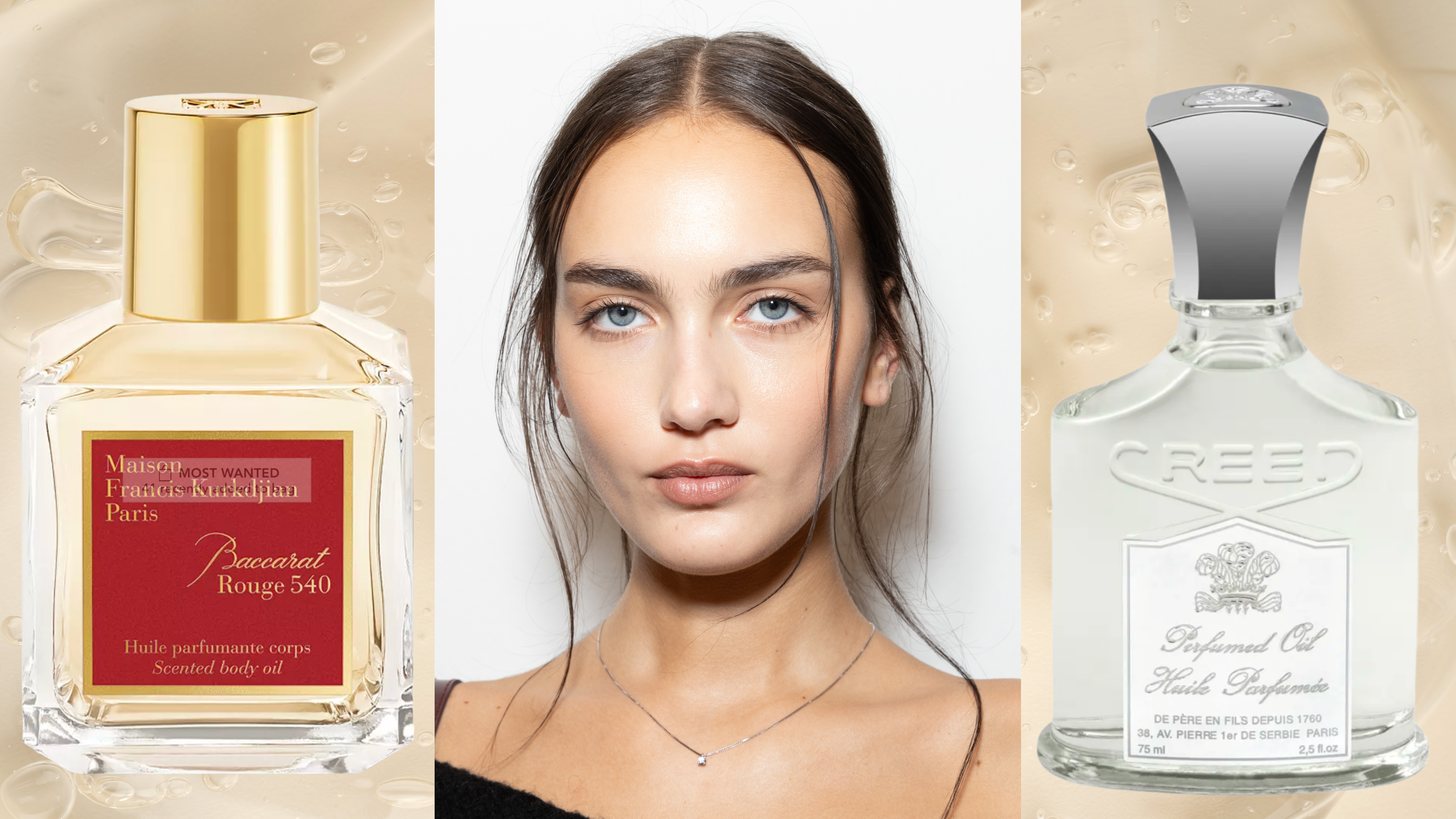 A woman with tendrils of hair framing her face next to two bottles of fragrance oil. 