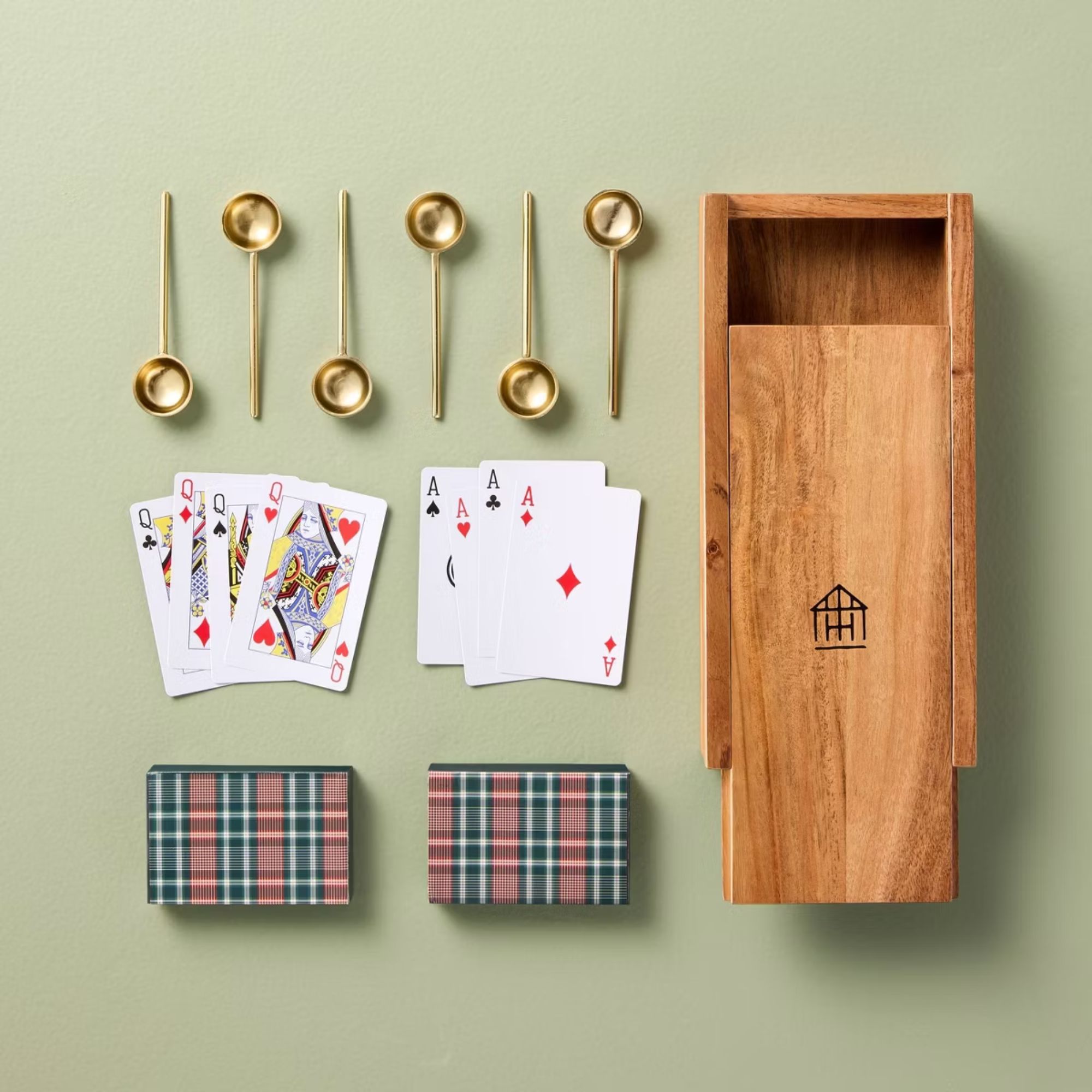 Brass spoon game with plaid playing cards and wooden box
