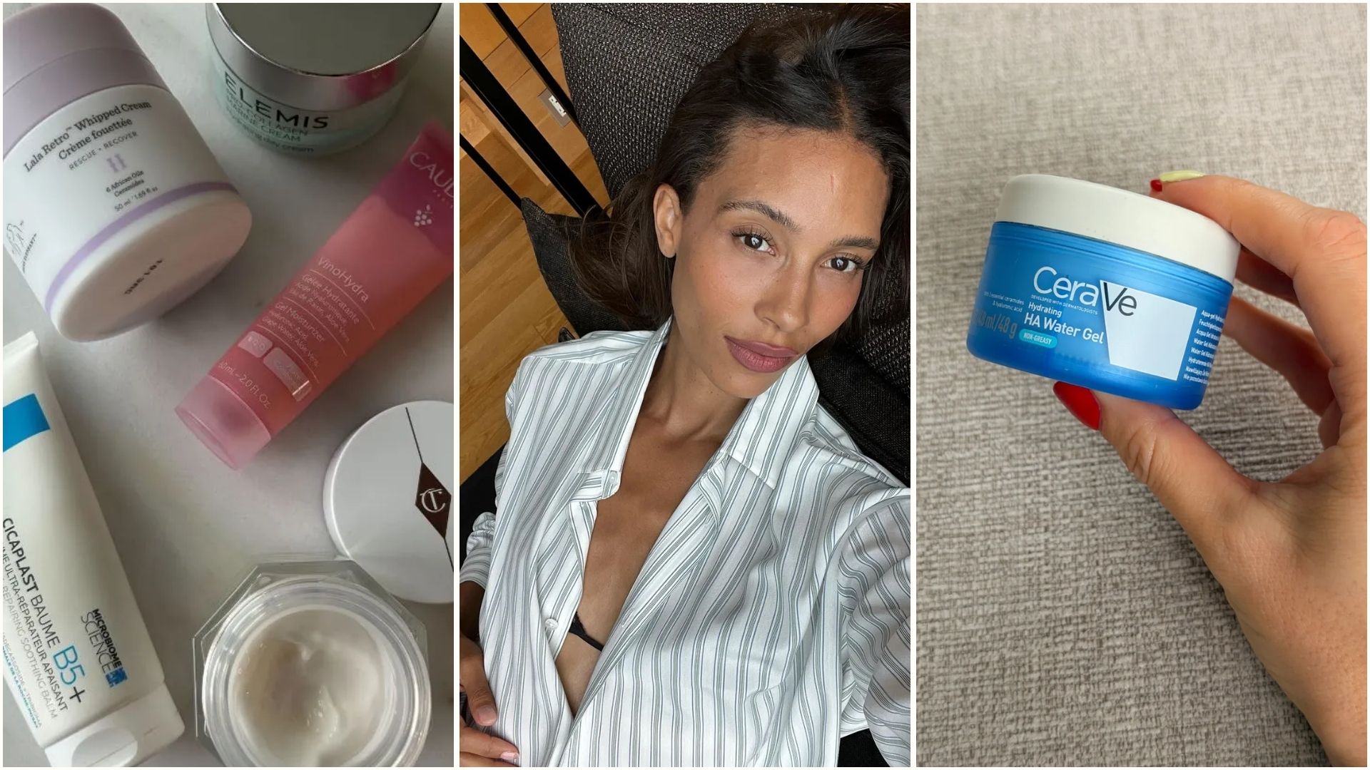 A collage of the best moisturisers and a woman taking a selfie with glowing skin