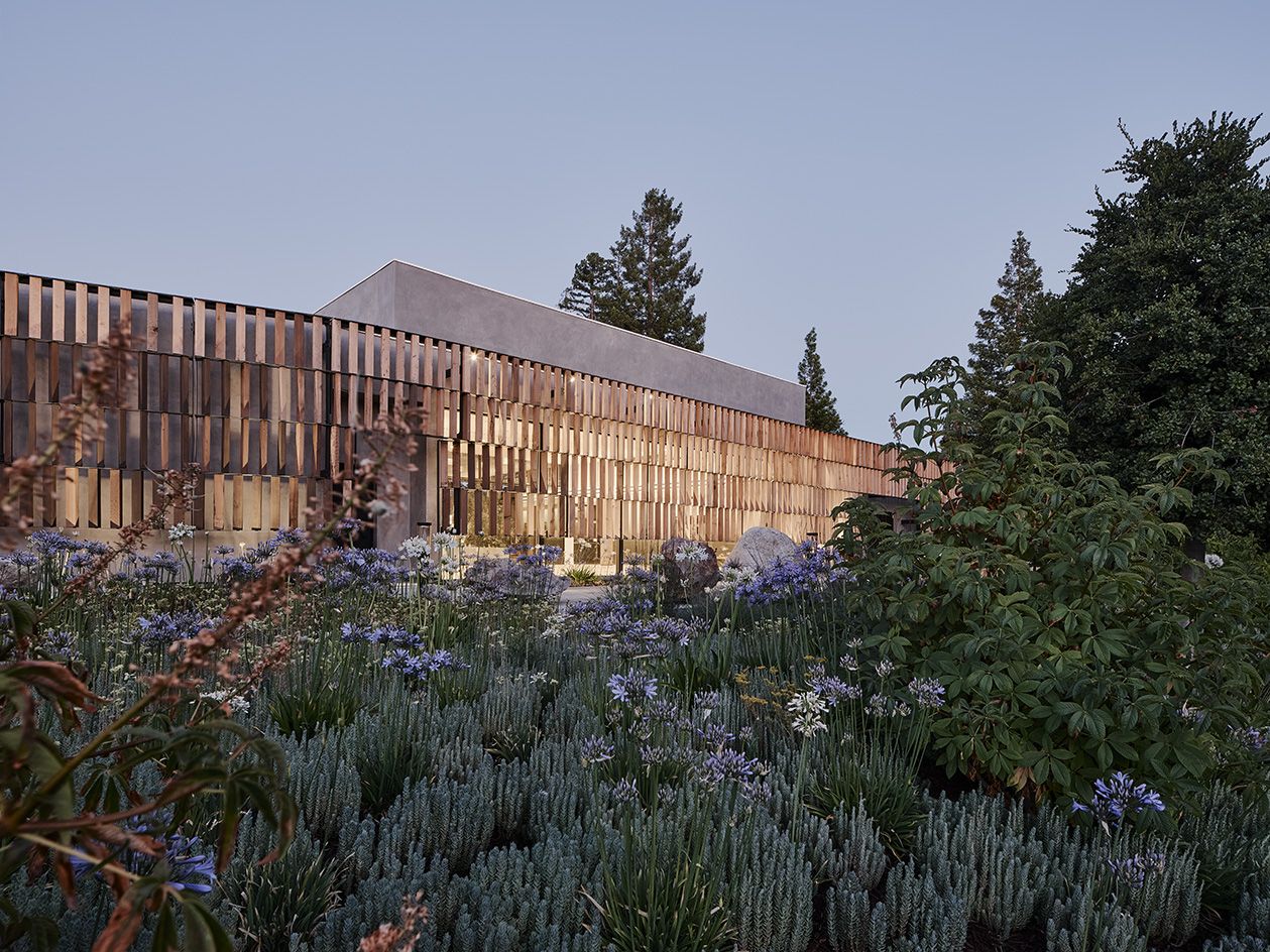 dusk shot of eco friendly synagogue in california