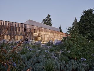 dusk shot of eco-friendly synagogue in california