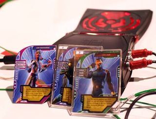 HyperScan character cards. The cards have embedded RFID chips and a small amount of memory. Winning players get upgrades and more powerful characters by swiping their cards over the console.