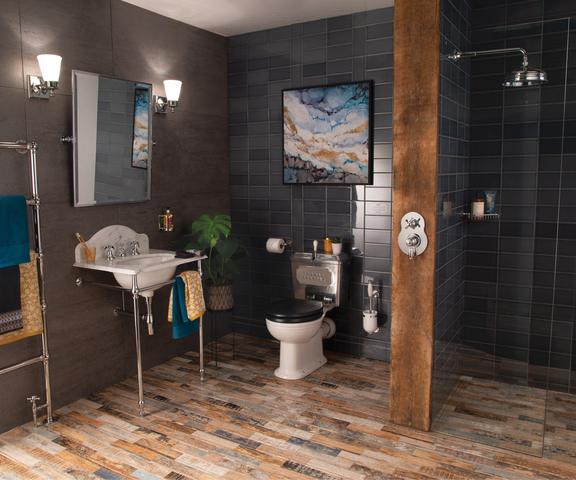 bathroom with brick effect floor tiles, dark walls and wooden column