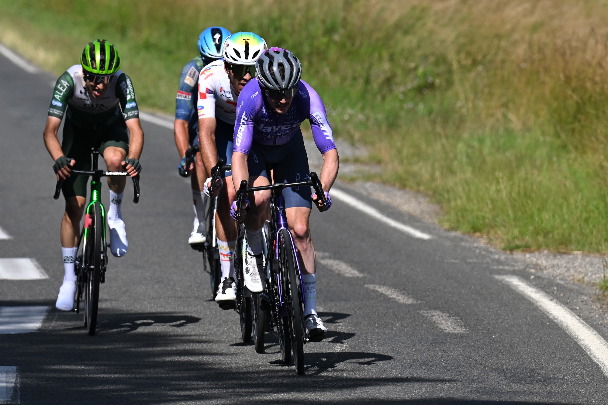 VILLARS-LES-DOMBES, FRANCE - JUNE 11: Felix Engelhardt of Germany and Team Jayco AlUla competes in the breakaway during the 78th Tour Auvergne-Rhone-Alpes 2026, Stage 5 a 195.8km stage from Saint-Chamond to Parc des Oiseaux Villars-les-Dombes / #UCIWT / on June 11, 2026 in Parc des Oiseaux Villars-les-Dombes, France. (Photo by Dario Belingheri/Getty Images)