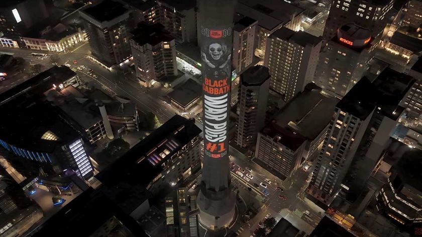 Sky Tower in Auckland with a projection of Ozzy Osbourne