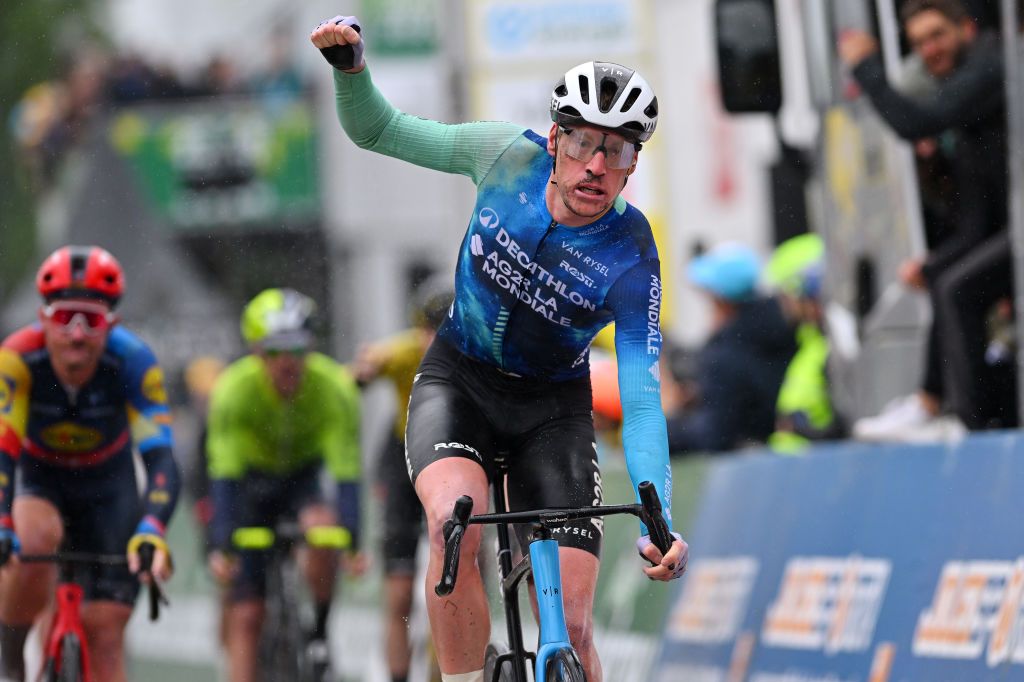 VERNIER SWITZERLAND APRIL 28 Dorian Godon of France and Decathlon AG2R La Mondiale Team celebrates at finish line as stage winner during the 77th Tour De Romandie 2024 Stage 5 a 1508km stage from Vernier to Vernier UCIWT on April 28 2024 in Vernier Switzerland Photo by Luc ClaessenGetty Images